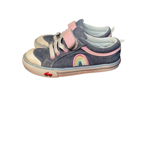 See Kai Run Girl 12.5 Kristin Chambray Denim Blue Pastel Rainbow Sneakers - Picture 4 of 12